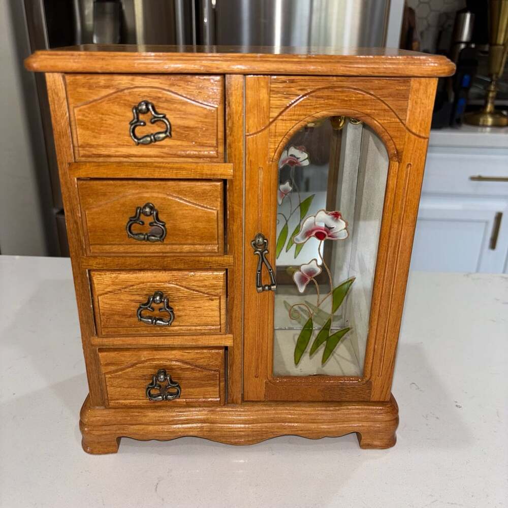 Vintage Wooden Jewelry Box Armoire Glass Flower